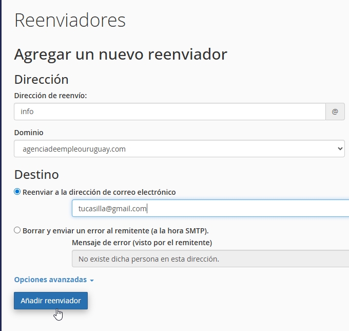 completar datos reenviador cpanel